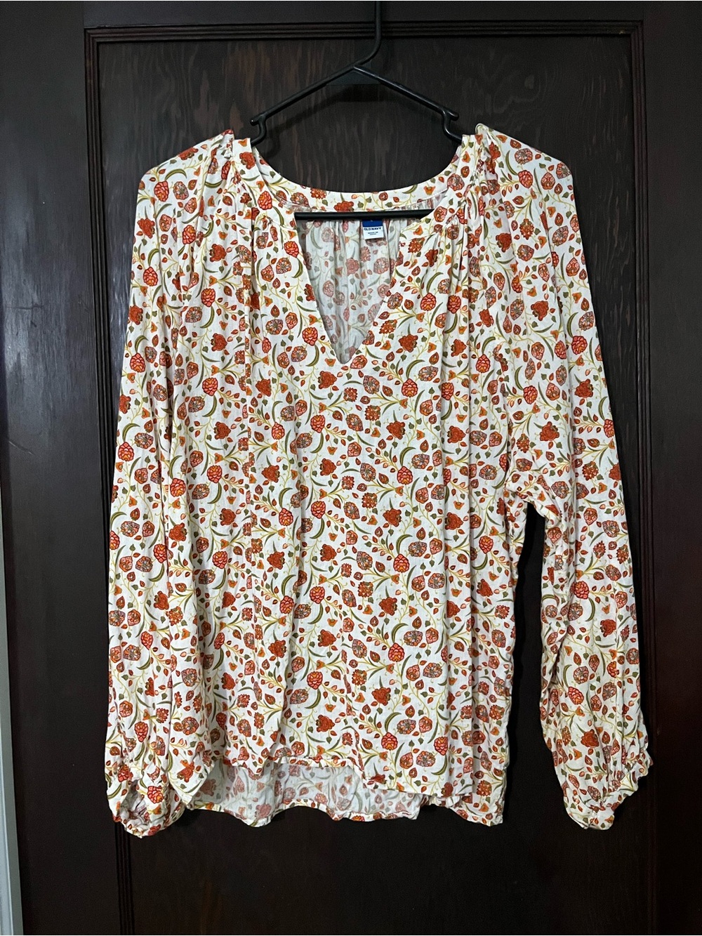 Old Navy Cream Floral V-Neck Blouse with Orange & Brown Print